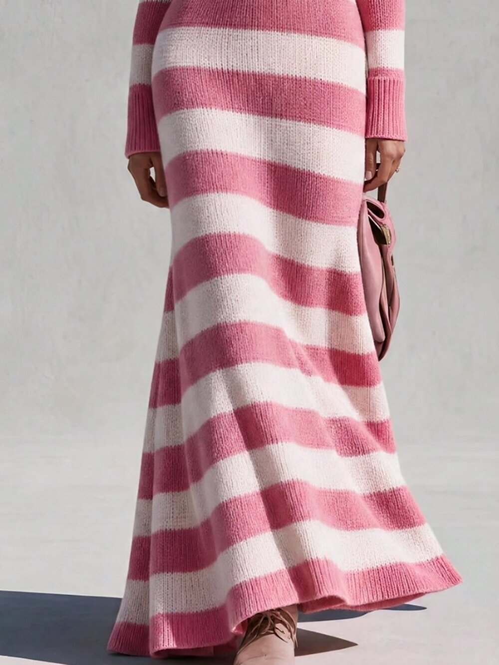 Pink Casual Women's Elegant Striped Knit Maxi Dress - Picture 7 of 7